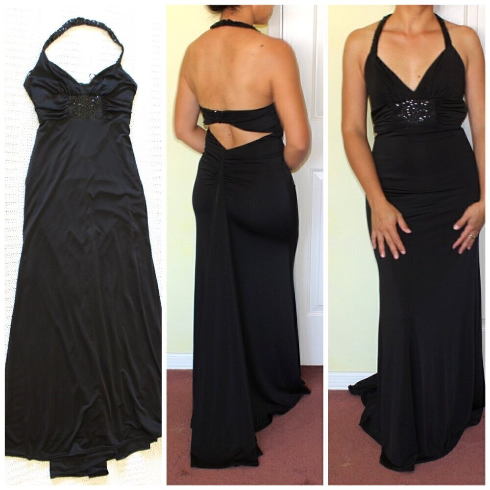 VTG Jessica McClintock Gunne Sax Black Maxi Sheath Dress Size 5/S Prom sequins